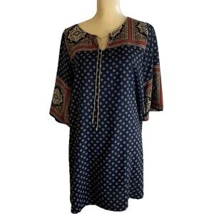 Tua Shift Dress Size M Navy Boho Geometric Print 3/4 Sleeve READ